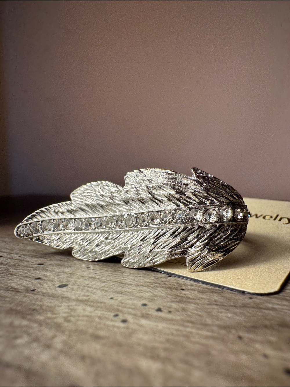 Silver Rhinestone Feather Adjustable Ring